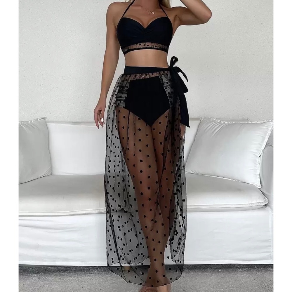 Black Polka Dot 3 Piece Bikini Set with Mesh Sarong Skirt High Waist Small